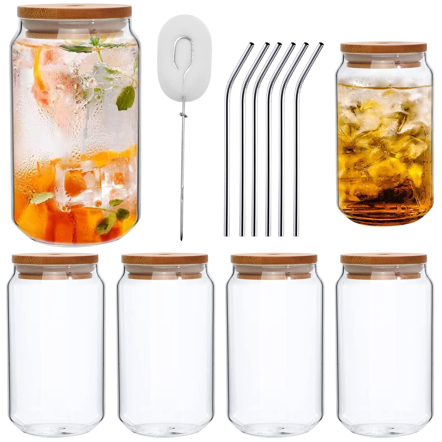EnchengDrinking Can Shaped Glasses,Beer Glass cups with Silicone Sleeve Bamboo Lids and Straws,16 OZ Reusable Glass Water Tumbler Set for Whiskey,Iced Coffee,Cocktail,Tea,Juice,6 Pack.