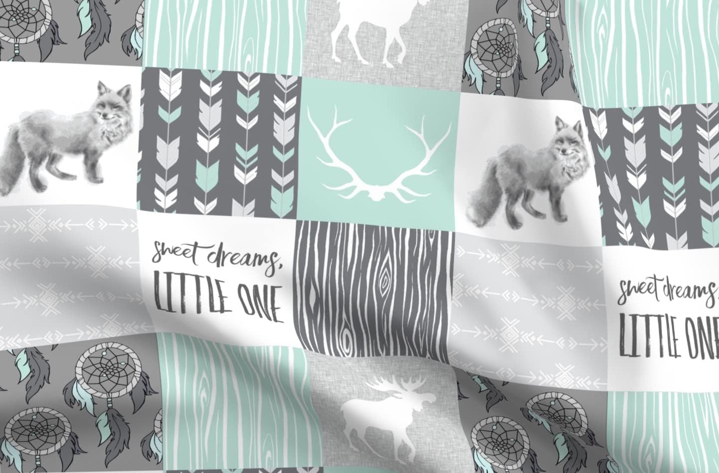 Spoonflower Fabric - Sweet Dreams Patchwork Mint Grey Animals Southwest Boho Fox Moose Printed on Organic Cotton Sateen Fabric by The Yard - Sewing Quilting Apparel Home Decor