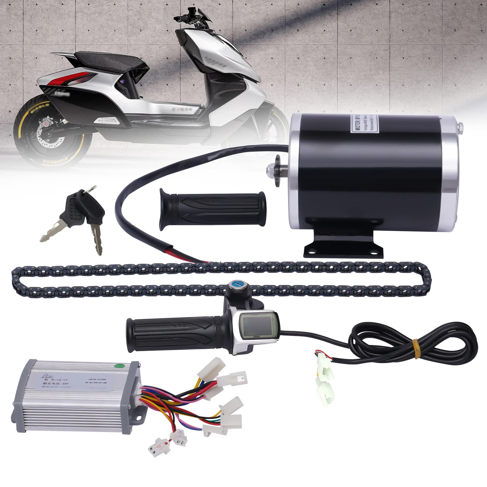 WOHAIPA 48V 1000W Brush Electric Motor Conversion Kit,w/Controller & Drive Handle&Chain & Regular Handle Cover & Keys,-Bike Cycling Motor Controller for Small Karts, Beach Bikes, Evo Scooters