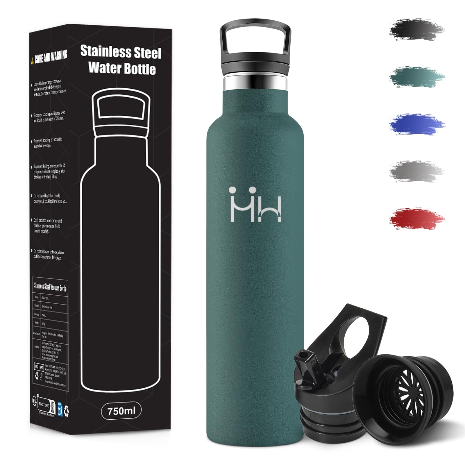 Borraccia Termica, 1000 ml Senza BPA, Borracce Termiche, 18/8 Acciaio Inossidabile, Borraccia Acciaio Inox, Bottiglia Acqua Con Cannuccia e 2 Coperchi, Borracce per Campeggio, Ufficio - Verde militare