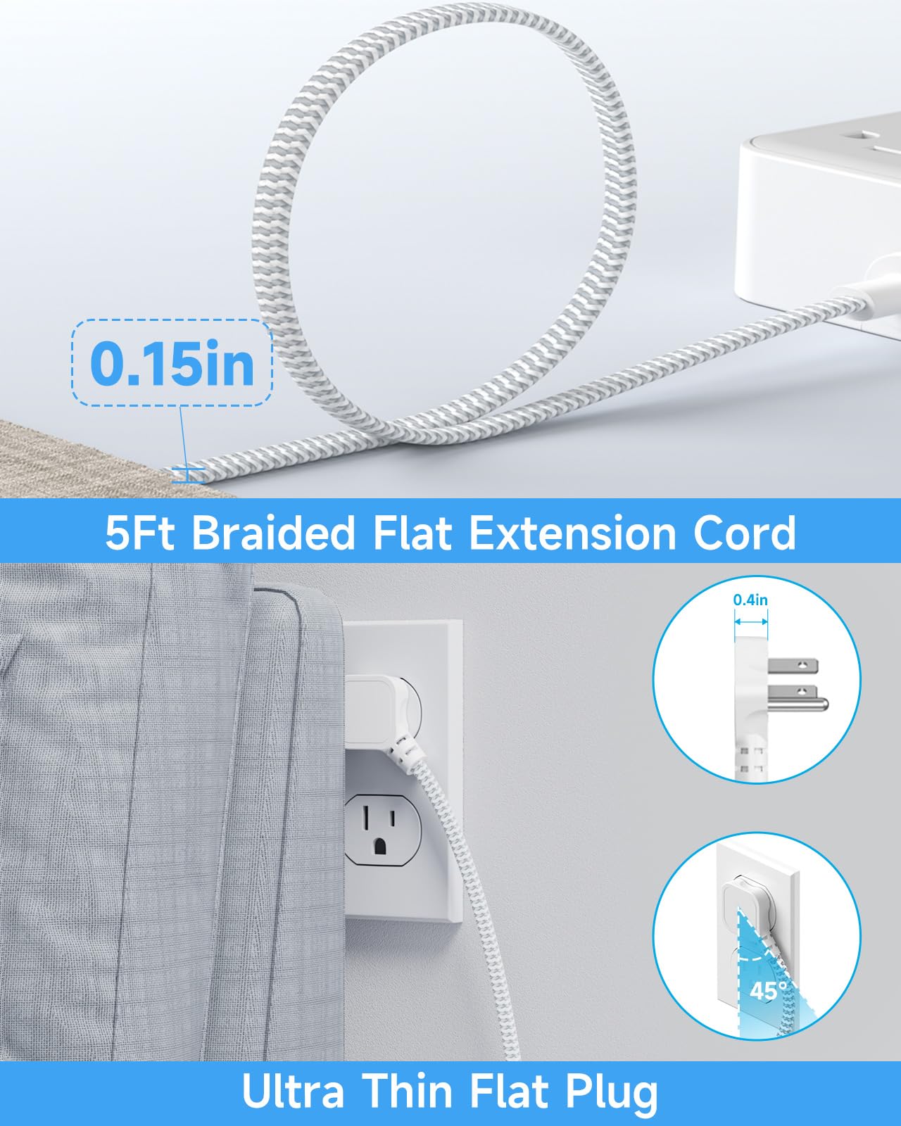 Waksmart - Steckdosenleiste mit Überspannungsschutz (2800J), 8 AC-Steckdosen mit 6 USB-Anschlüssen 4.8A/24W Ladestation für iPhone 15 Serie, 1,5 m flaches Verlängerungskabel, Stecker