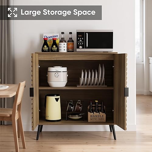 Miniatura 7 de Smuxee Aparador de nogal con puertas de diamante estriadas, gabinete de buffet independiente con estante ajustable, armario de almacenamiento de