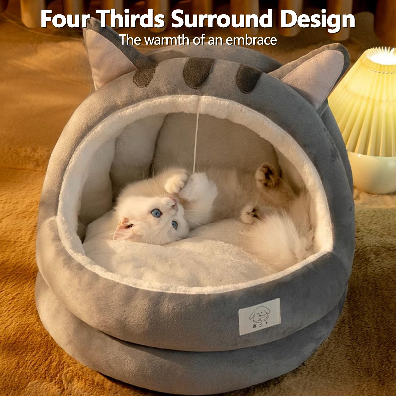 BOSERMEN Cute Cat Bed, Indoor Cat Bed with Removable Cushion, Pet Plush Tent House Cartoon Ear Design Pet Bed with Pompom, Super Soft Pet Sofa Bed(M, Grey)