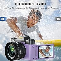 Vista 2 de Cámara digital 6K para fotografía, cámara de vlogging de 64MP para YouTube con pantalla abatible de 180° de 3 pulgadas, zoom automático de 16X