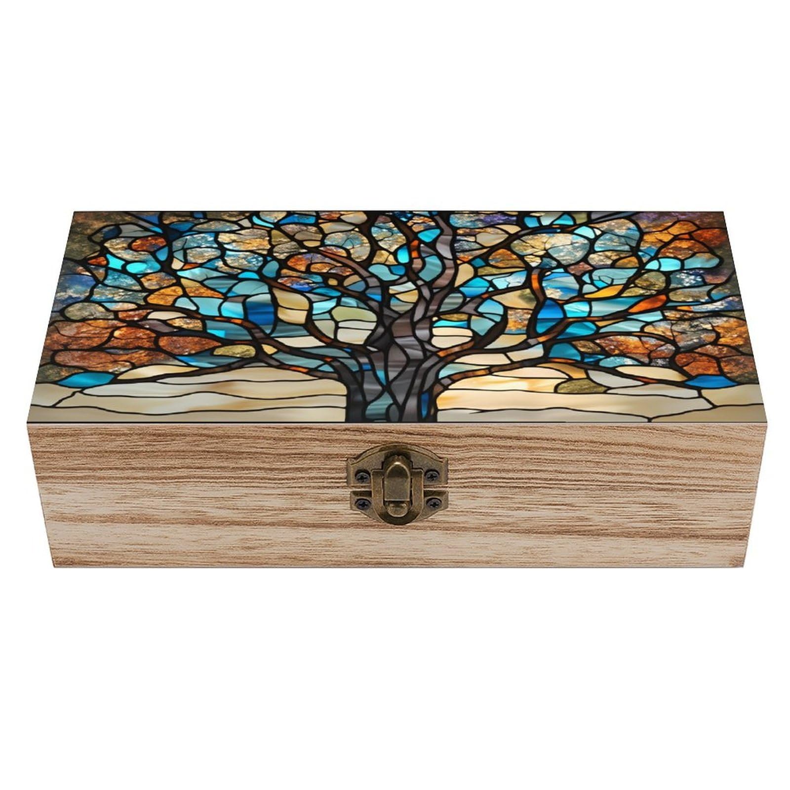 asbwuo Stained Glass Trees Vintage Wooden Keepsake Box