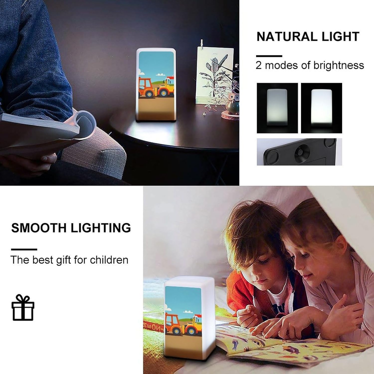 Desk Lamp Table Lamp with 2 Lighting Modes Battery Operated Cartoon Construction Vehicle Machinery Excavator Tractor Reading Lamp for Bedroom Nightstand