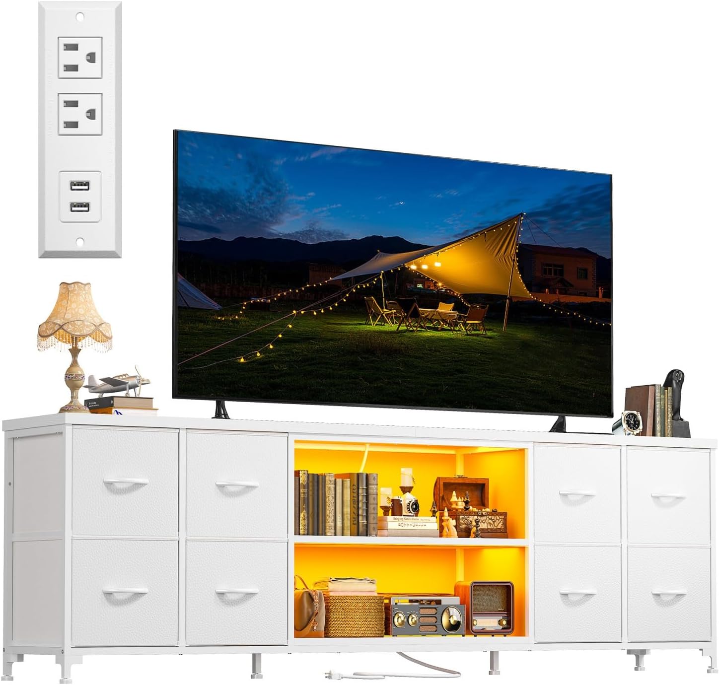 Romorgniz 63" W TV Stand for 65 75 Inch TV with Lights & Power Outlets, 8 Fabric Drawers TV Stand for Bedroom with 3 Wooden Shelves,Dresser for Living Room,Entertainment Center,Dorm,White