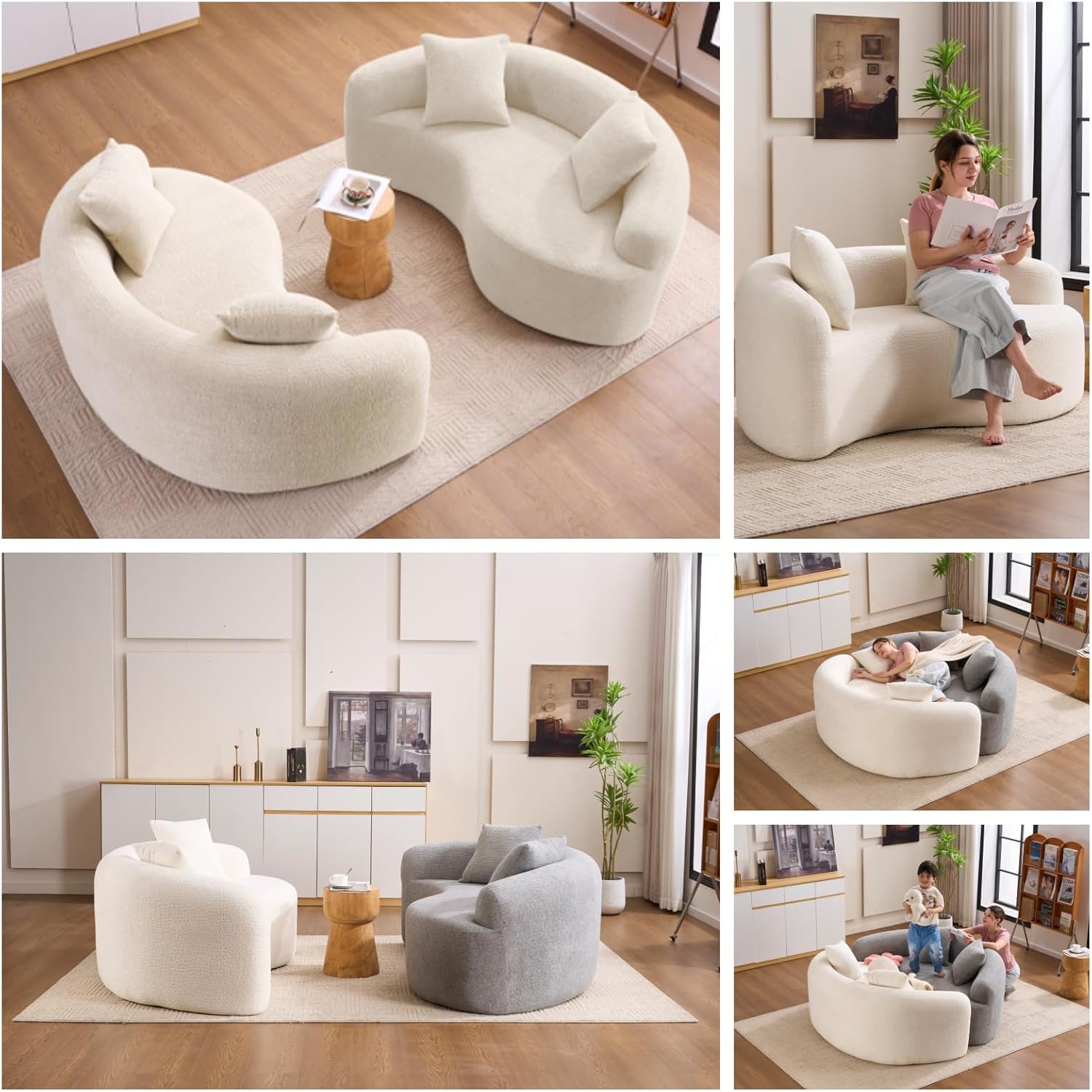 67" Curved Loveseat Sofa,Full Sponge Compression Sofa, Chinese Tai Chi Style,S-Shaped Couch for Small Spaces,No Installation Requirement,Wood Grain Chenille Fabric （White,67"）