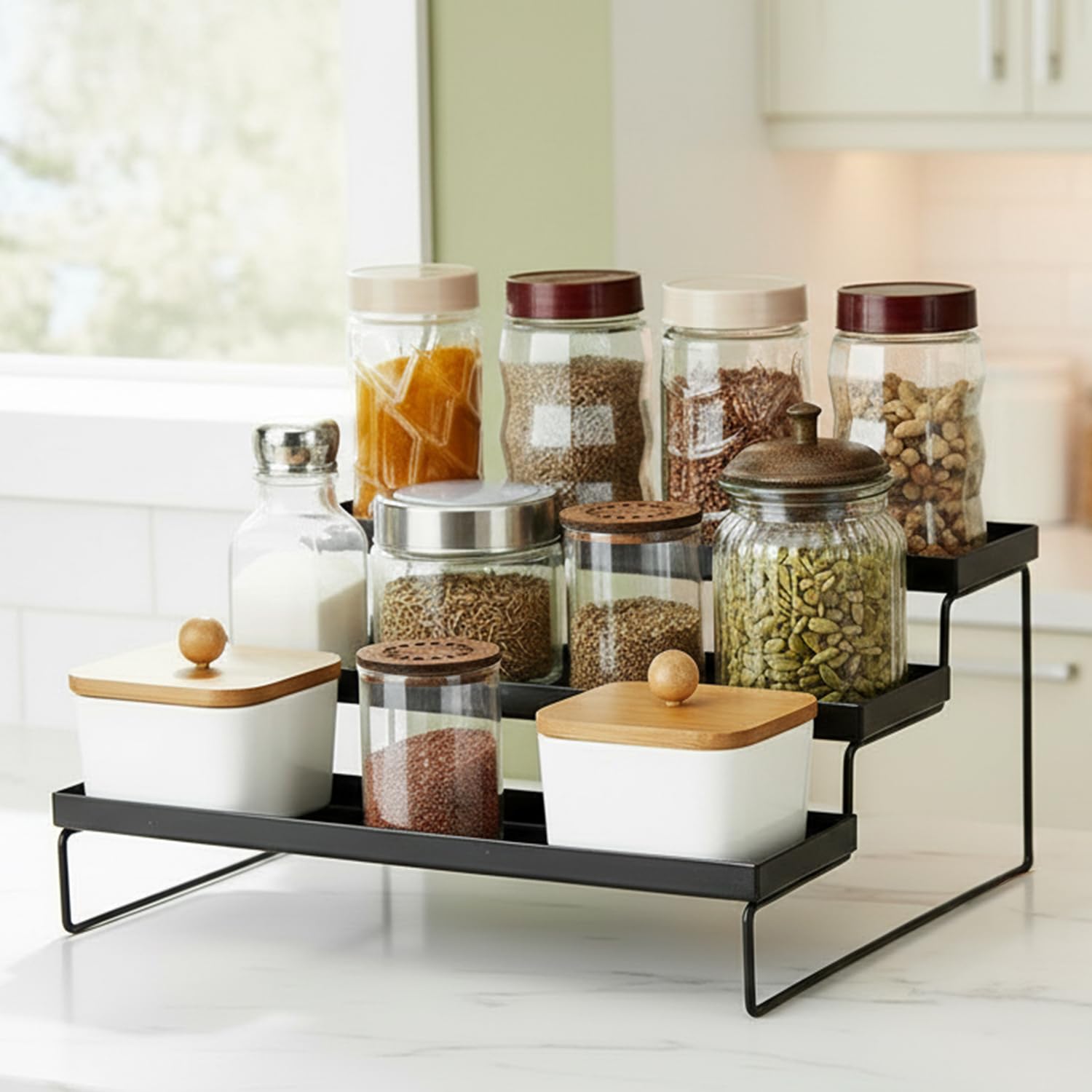amazon basics 3-Tier Kitchen Spice Rack Organizer | Rust-Free Iron Multi-Purpose Storage Shelf | 31 L x 30 W x 13 H cm