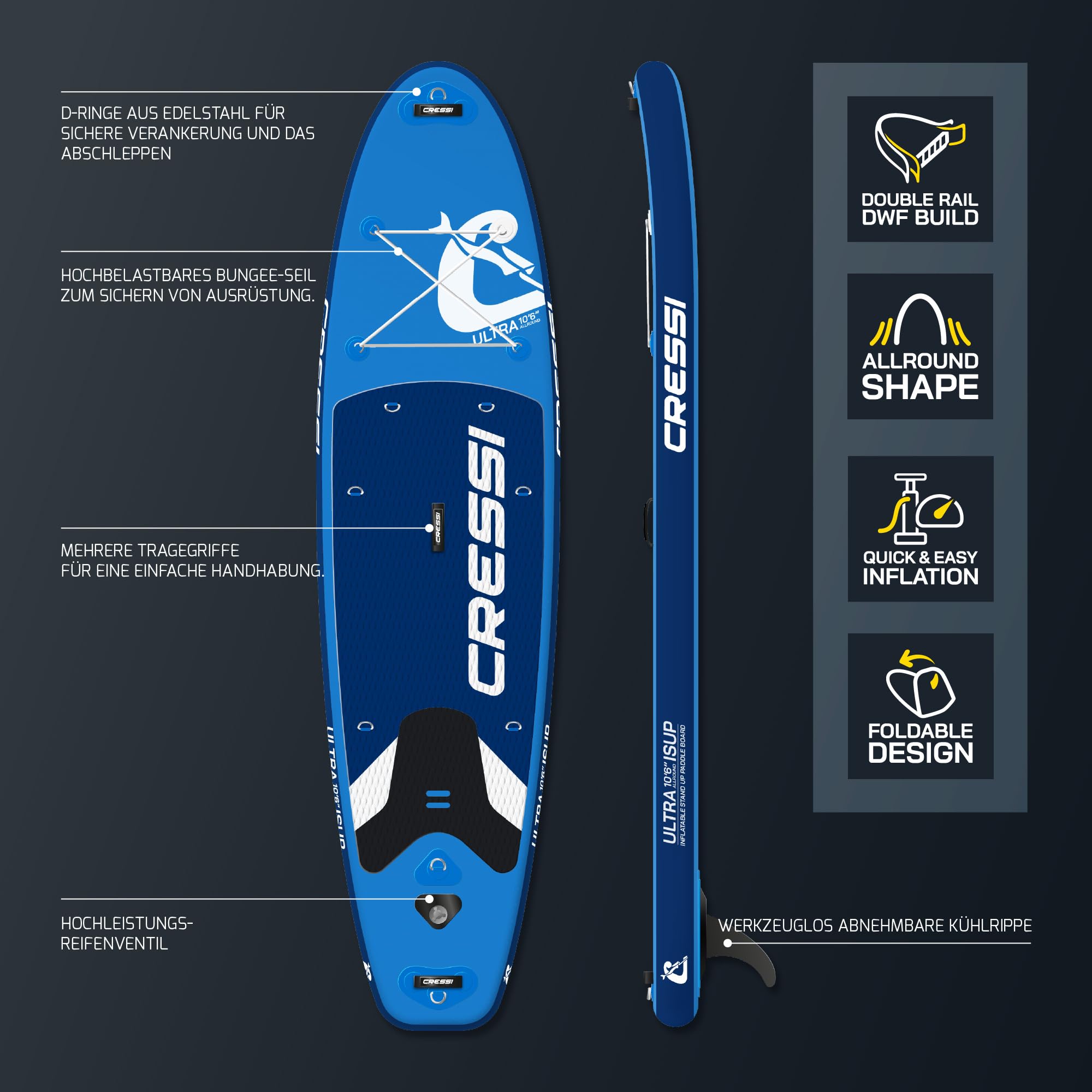 CRESSI seit 1946 - Ultra Isup/Kayak Set - Aufblasbares SUP Board für Erwachsene Große Stabilität Strapazierfähigkeit Komplett Zubehör Paddel Flosse Pumpe Leine Tasche_320x81x15 cm Max 130 kg