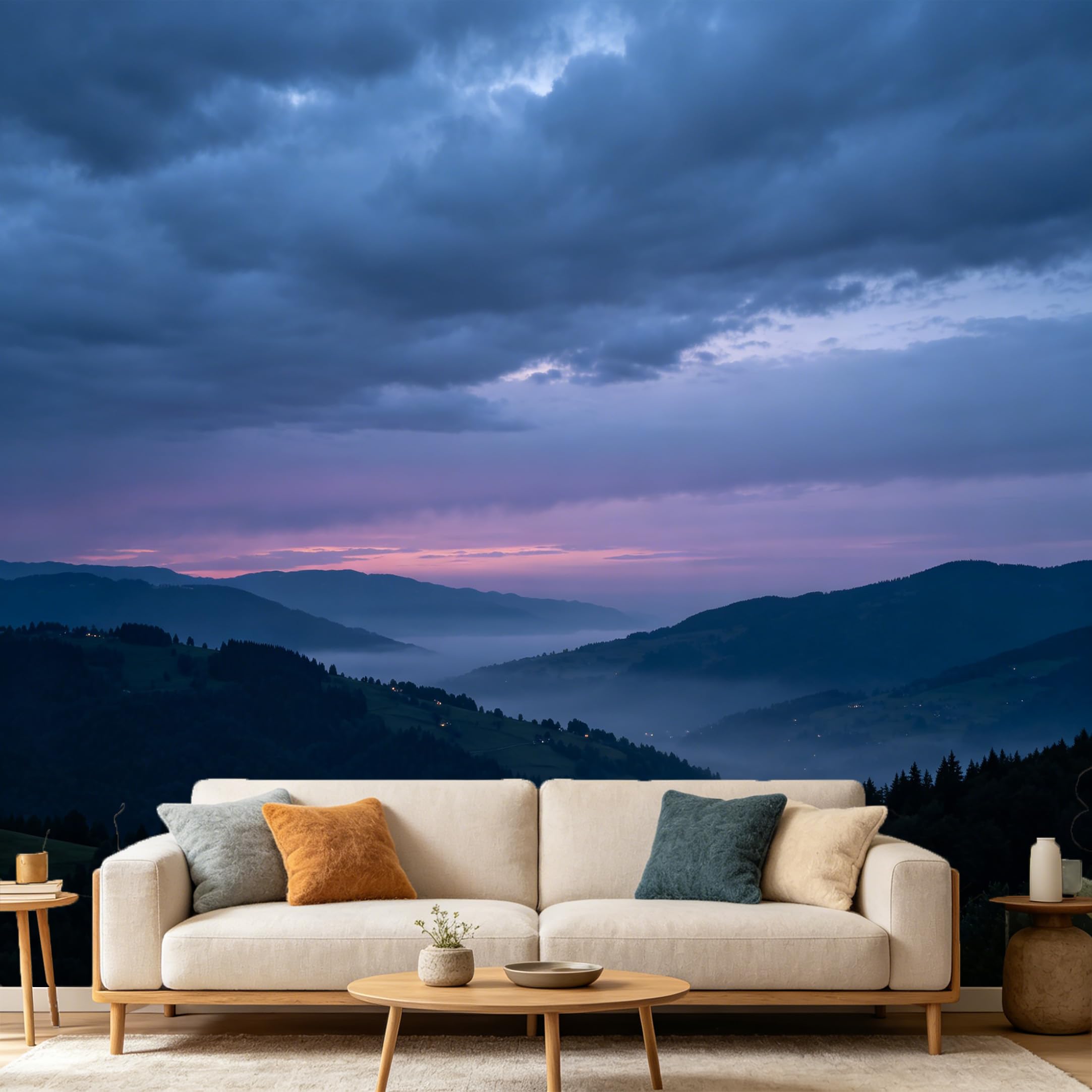 Custom Size Wall Mural Mountain Lake Landscape Twilight Foggy Valley SelfAdhesive Art Prints wall Fabric（No PVC） Removable Wallpaper Home Bedroom Decor