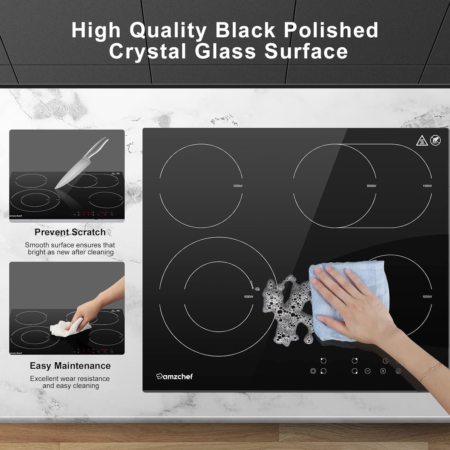 AMZCHEF Piano cottura in vetroceramica, 6600 W elettrico con 4 fuochi, 9 livelli di potenza, doppia zona, zona tostatura, funzione di pausa, controllo touch scorrevole, blocco bambini AMZCHEF Piano cottura in vetroceramica, 6600 W elettrico con 4 fuochi, 9 livelli di potenza, doppia zona, zona tostatura, funzione di pausa, controllo touch scorrevole, blocco bambini