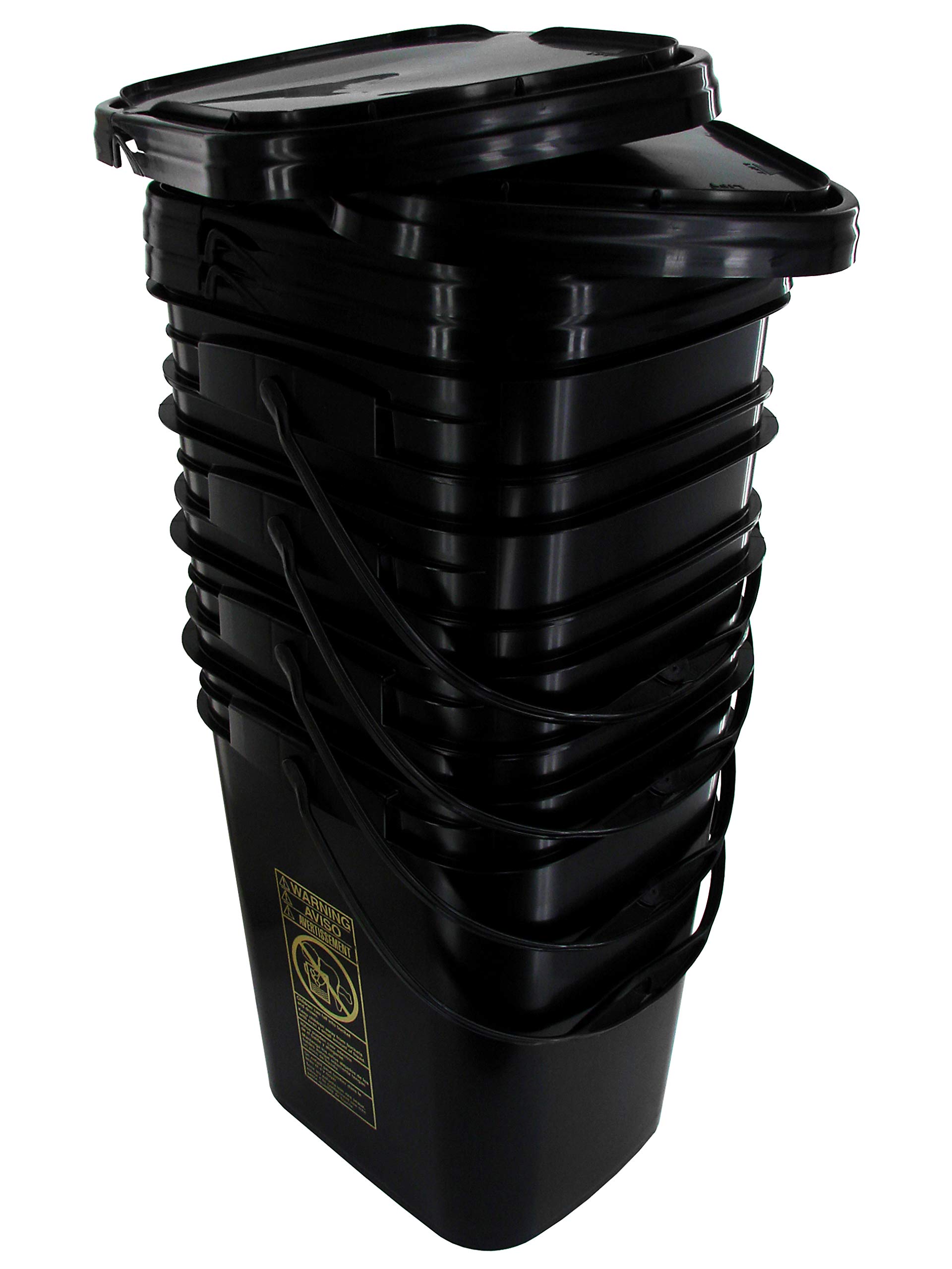 5.3 Gallon Black Rectangular Bucket/Pail with Hinged Snap Lid, 4 Pack