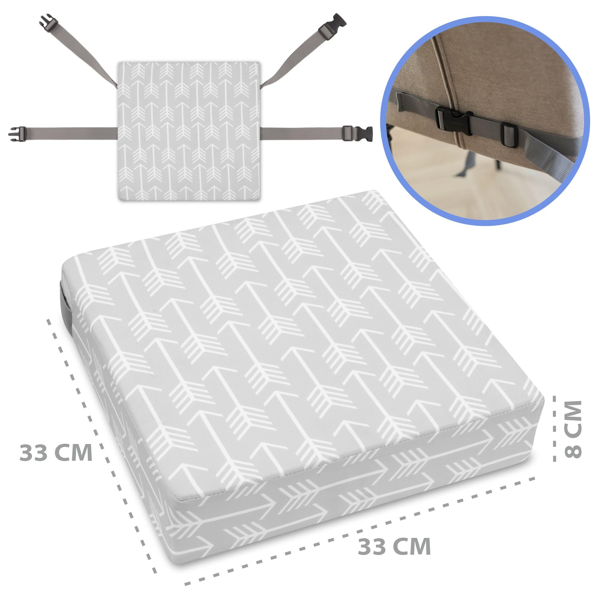 Kinderstoel verhoger kussen Stoelverhoger voor kinderen - 33x33x8 cm cm Schuimvulling Afneembare en wasbare hoes Roos Comfortabele zit Ondersteuning aan tafel Dieren Grijs