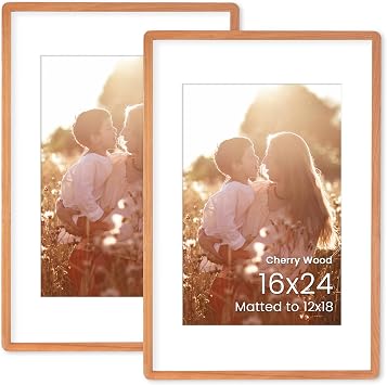 Acovy 16x24 Poster Frame, Natural Solid Cherry Wood 16 x 24 Picture Frame, Rounded Corner 16"x24" Frame Matted to 12x18, 16x24 Poster Frame HD Tempered Glass, 16 by 24 Photo Frame for Wall, 1 Pack