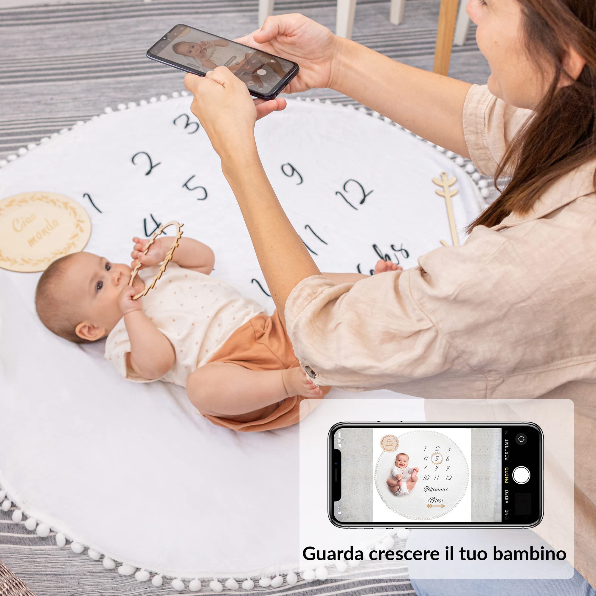 ODOXIA Coperta Mesi Neonato In Italiano | Tappetino Rotondo Mesi Per Maschio O Femmina, Unisex | Genere Neutro | Regalo Baby Shower Per Neomamme | Copertina Mesi Neonato | Cornici In Legno Incluse