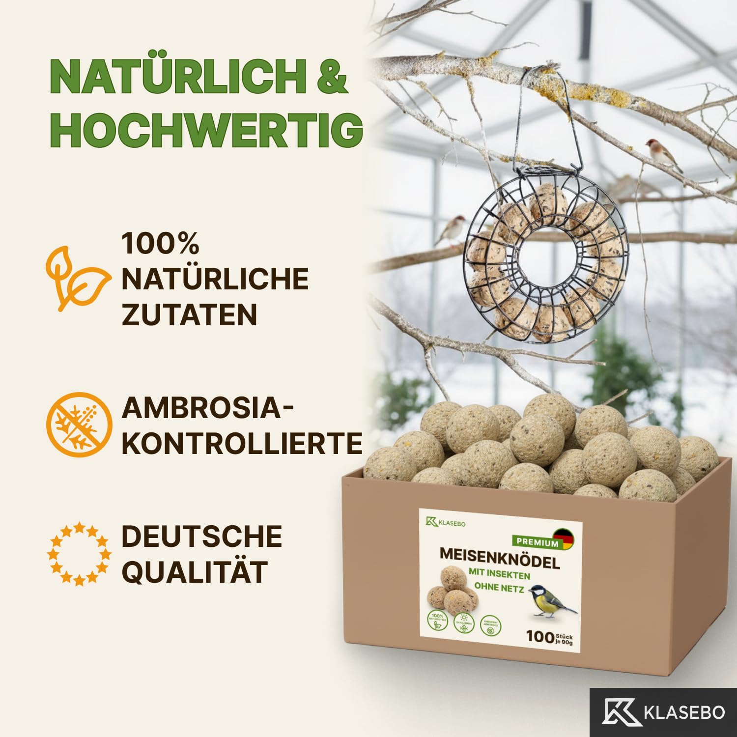 Premium Meisenknödel mit Insekten, 100 Stück (9kg) – Ganzjähriges Wildvogelfutter, Natürliche Zutaten, Ganzjährige Fütterung, Körnerfresser Delikatesse