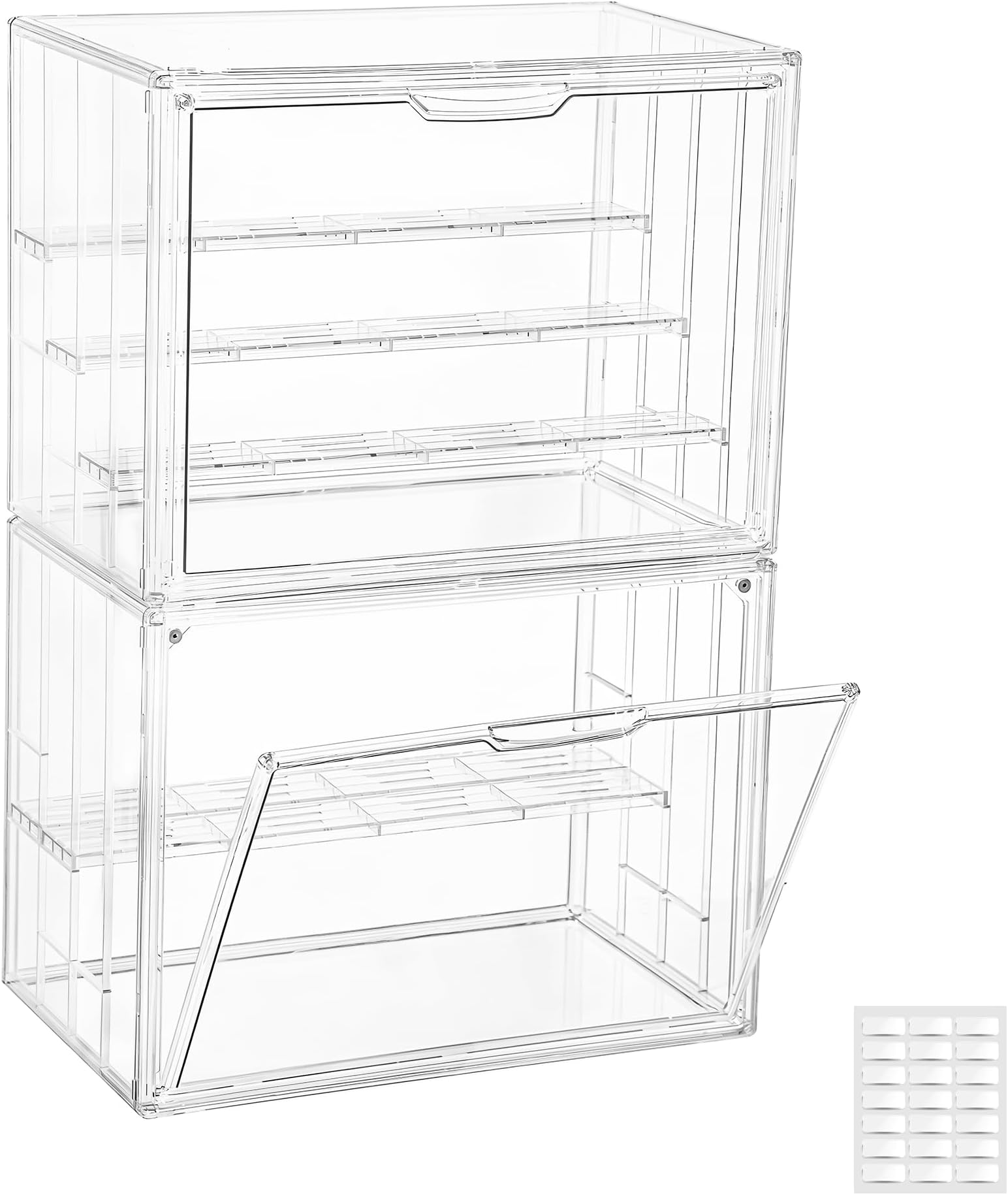 Attelite Acrylic Display Case,Upgrade 4 Tiers Clear Display Case with 3 Adjustable Divider, 2 Pack Stackable Large Storage Box with Magnetic Door for Collectibles Action Figures