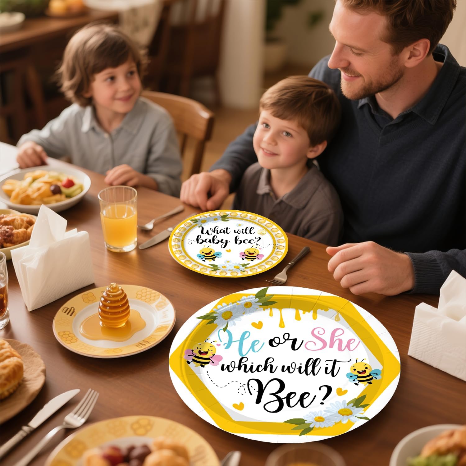 207 PCS What Will Baby Bee Gender Reveal Decorations, What Will Baby Bee Tableware Set with Plates, Napkins, 2 Tablecloths, Banner, Cake Topper, for Bee Gender Reveal Decorations, Serves 25