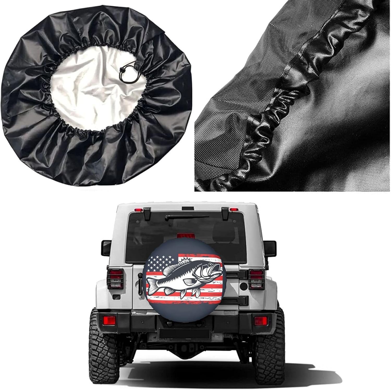 Dujiea Bass Fishing On USA Flag Spare Tire Cover, Universal Wheel Tire Cover Dust-Proof Tire Protectors for Trailer Rv Van SUV Truck Camper and Many Vehicle 14 15 16 17 Inch