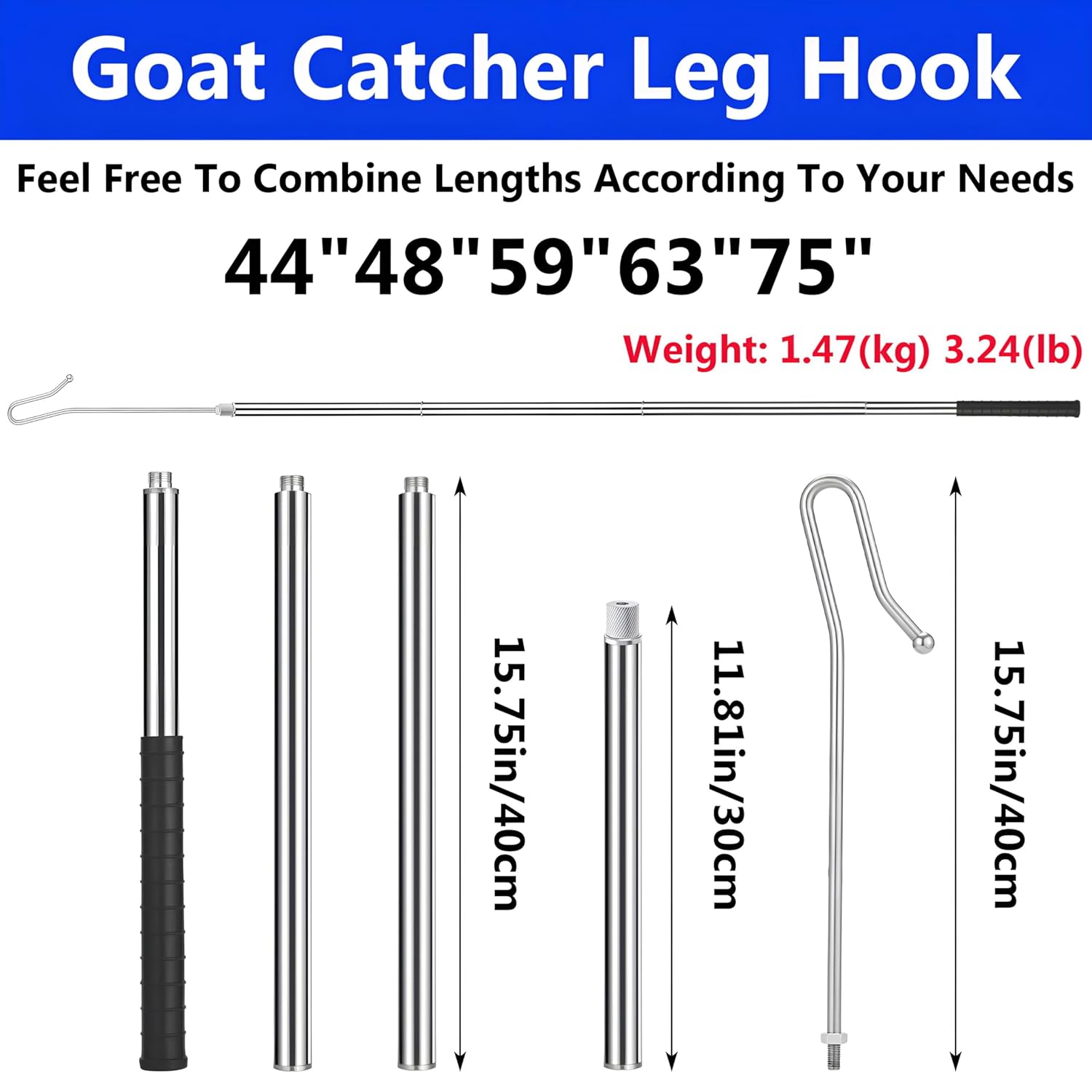 Goat Sheep Catcher Hook, 304 Stainless Steel Sheep Leg Hook, Length Can Be Adjusted Freely 44"48"59"63"75" Goat Grabber Tools, Shepherd Sheep Crook, Grab Them Simply and Quickly (Iron Ball)