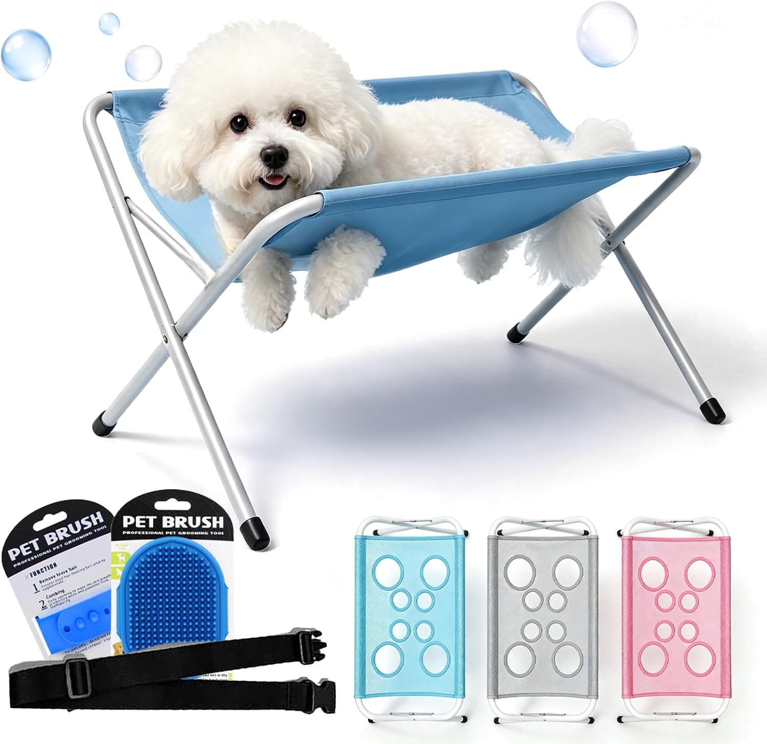 Dog Bath Holder, Foldable Pet Grooming Hammock Stand with Metal Frame, Portable Dog Shower Hammock for Bathing Nail Trimming Ear Cleaning Small Dogs Cats Home Care，Blue