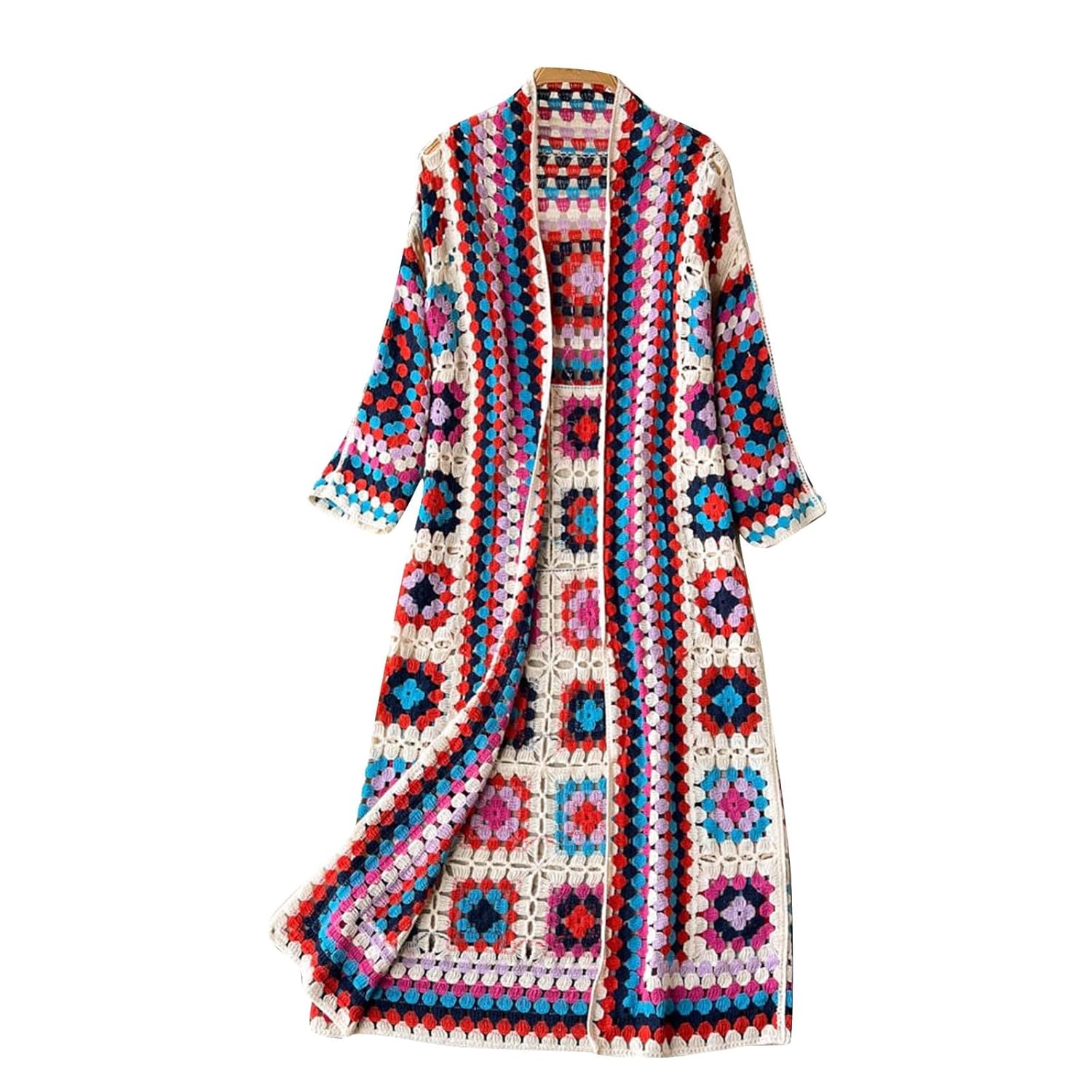 Womens Vintage Crochet Floral Knit Cardigan Jumper Long Sleeve Open Front Long Cardigan Sweater Knitwear
