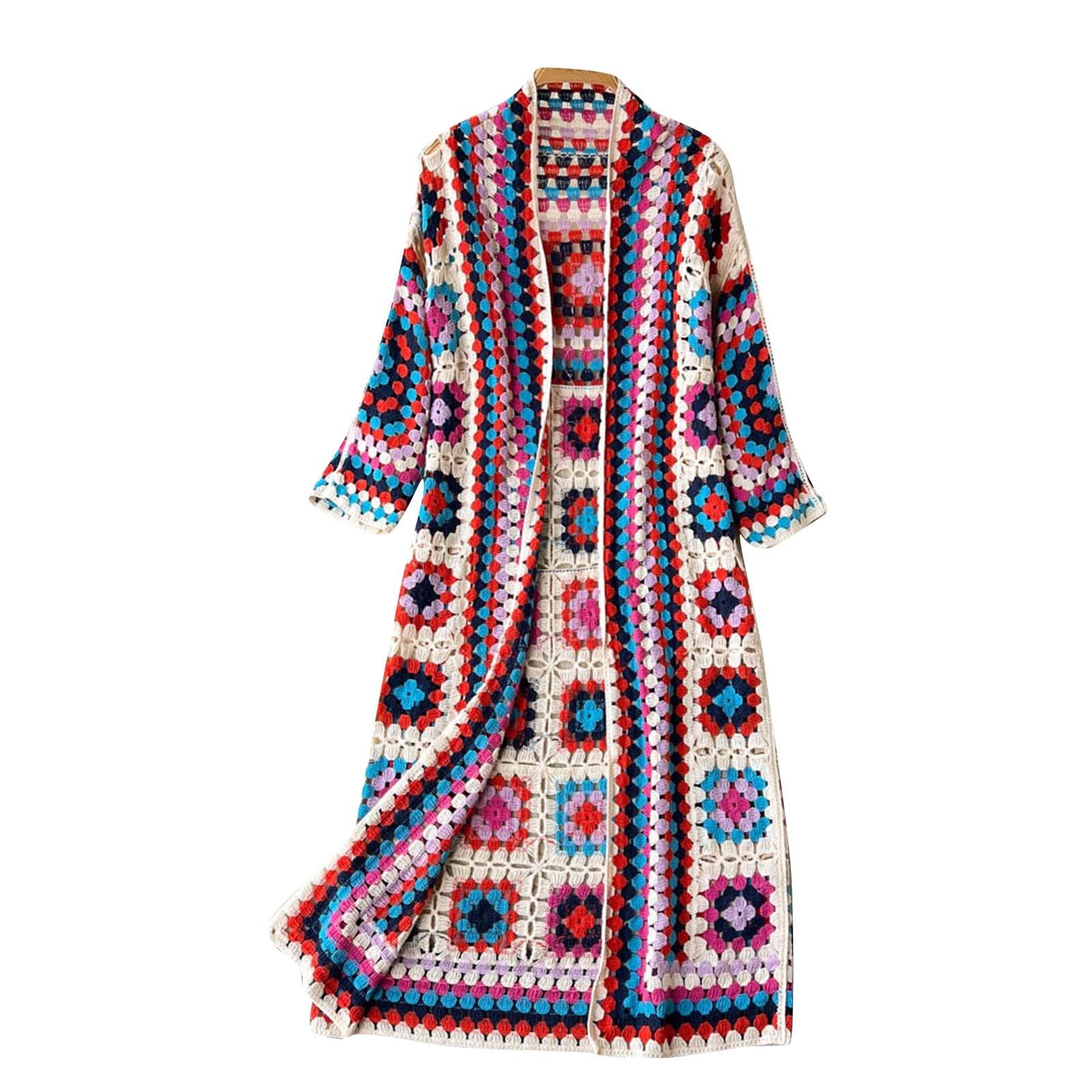 Womens Vintage Crochet Floral Knit Cardigan Jumper Long Sleeve Open Front Long Cardigan Sweater Knitwear
