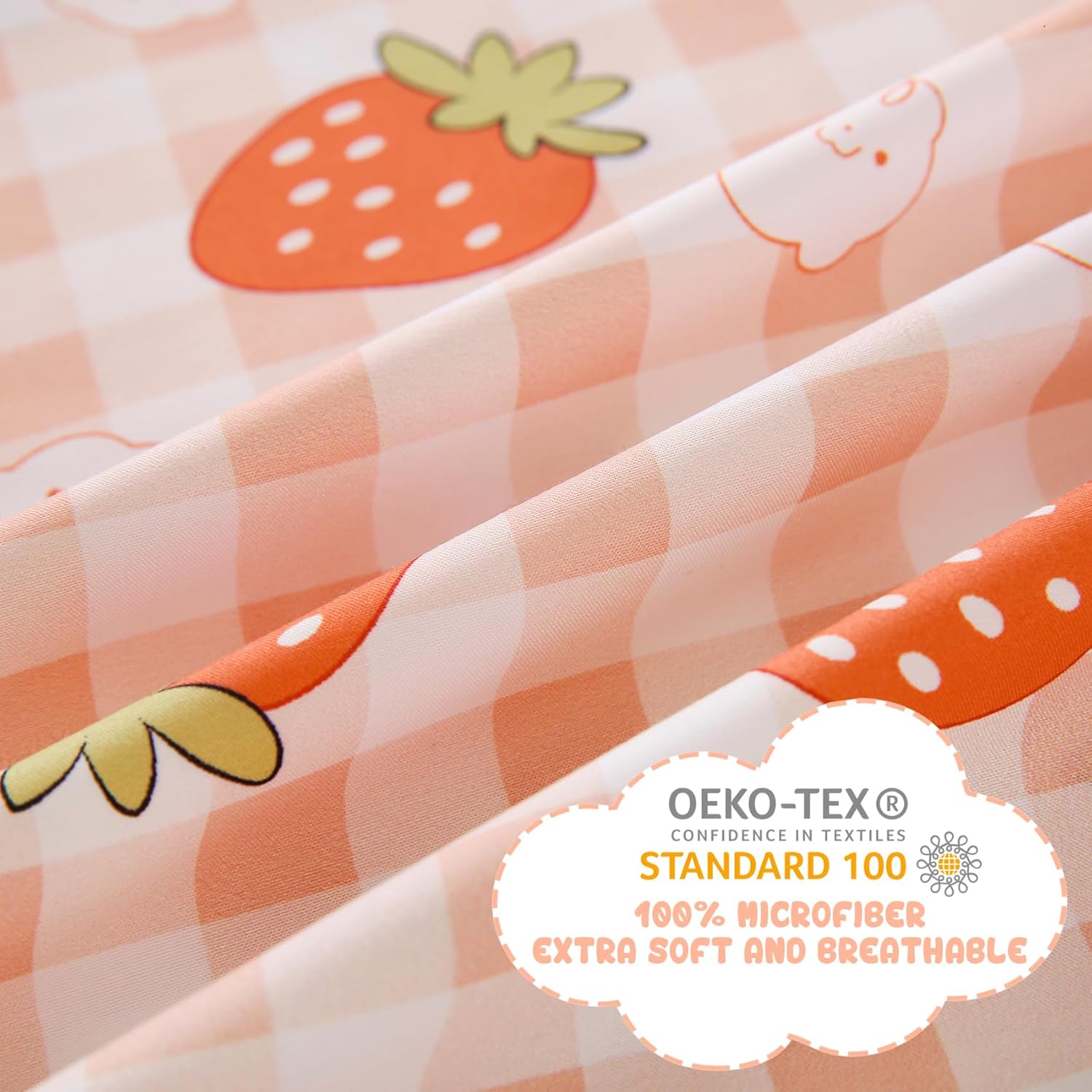 Yibeizi Pink Strawberry Sheet Set for Girls, Cute Full Size Kids Checkered Patterned Bedsheet Microfiber Deep Pocket Bedding Sheets & Pillowcases 4 Pieces - Image 4