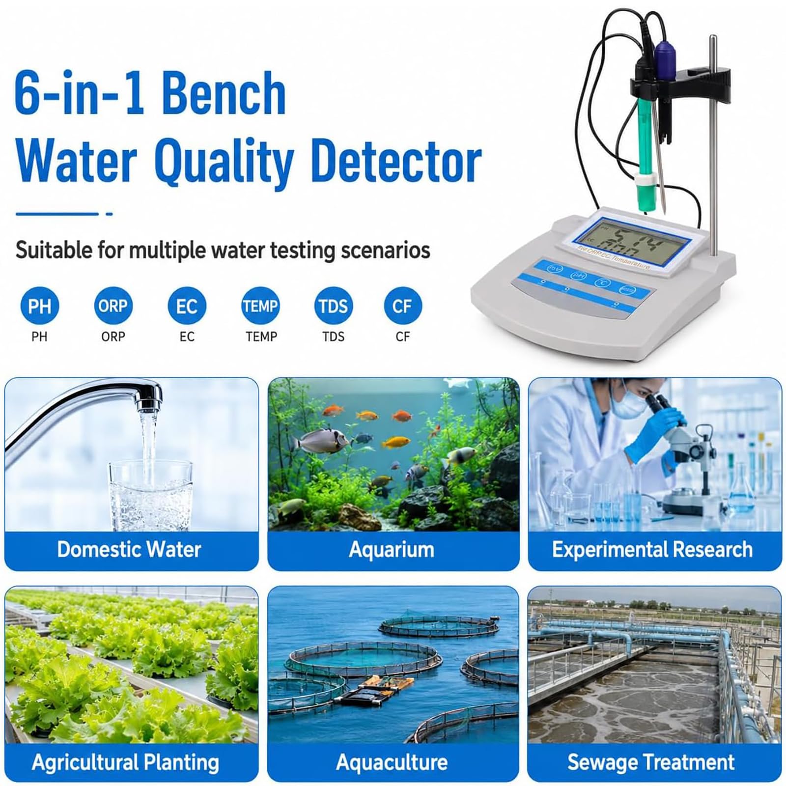 Kit de medidor de pH digital 6 en 1 con compensación de temperatura, almacenamiento de datos para laboratorio, agua, hidroponía, EC, PPM y pruebas de conductividad
