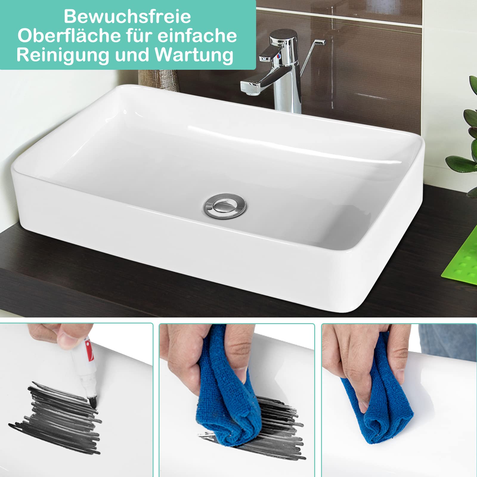COSTWAY 60 x 35 cm umywalka ceramiczna biała, umywalka nablatowa z odpływem pop-up, prostokątna, umywalka ceramiczna, do domu i hotelu