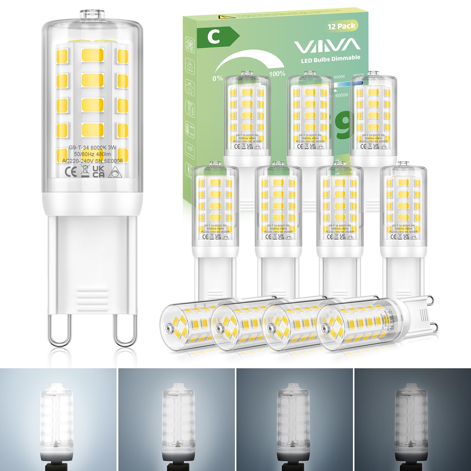 G9 LED Lampe Kaltweiß Dimmbar - 12er Pack, 6000K 3W LED Leuchtmittel Ersatz 45W G9 Halogenlampen, 480 LM, Glühbirne Enegiesparende, AC220-240V, 360° Abstrahlwinkel, Geeignet für Interieur Dekoration