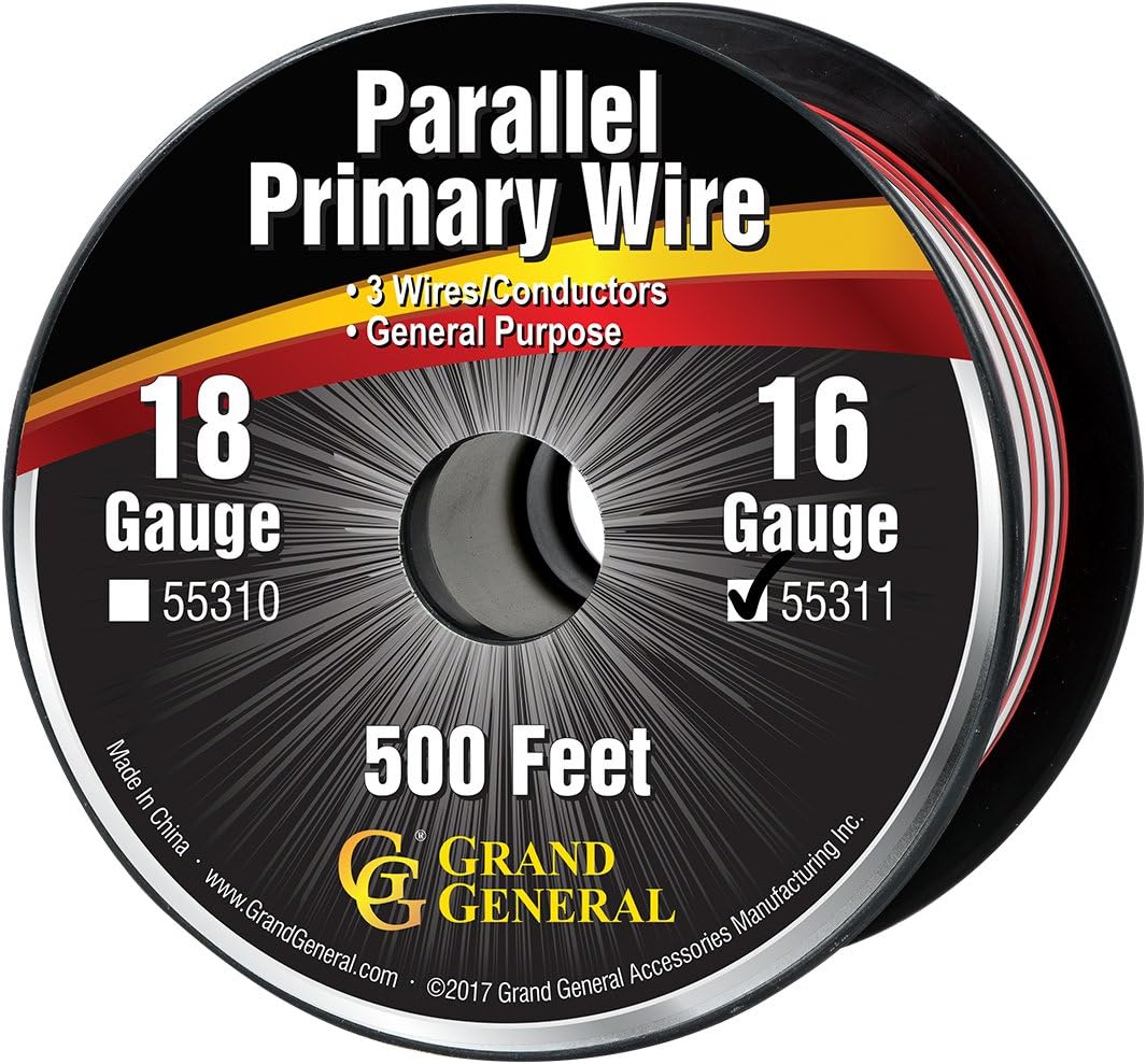 GG Grand General 55307 Parallel Primary 3-Wire 100ft Roll with Spool for trucks, automobile and more –Black, Red & White