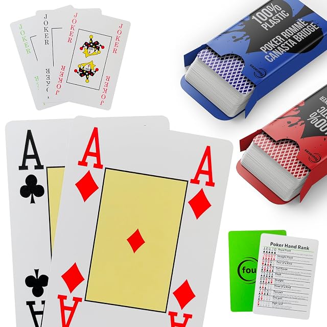 fouraces baraja de Cartas, Naipes de Poker de plastico Lavables, 2 mazos en Colores Distintos