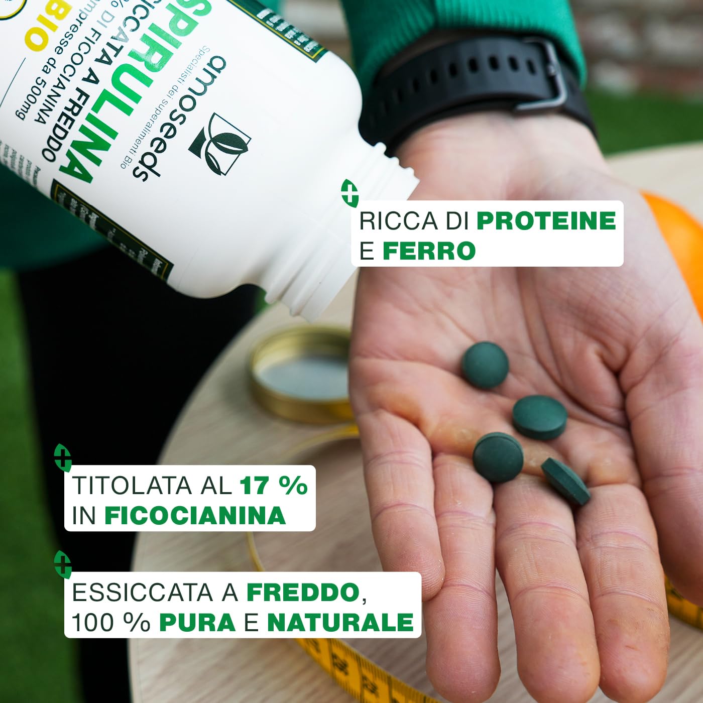 Spirulina BIO, 4500mg al giorno | 17% Ficocianina, essiccata a freddo | 400 compresse vegane de 500mg | Vitamine, Diminuisce la stanchezza, Sistema immunitario | Qualità superiore