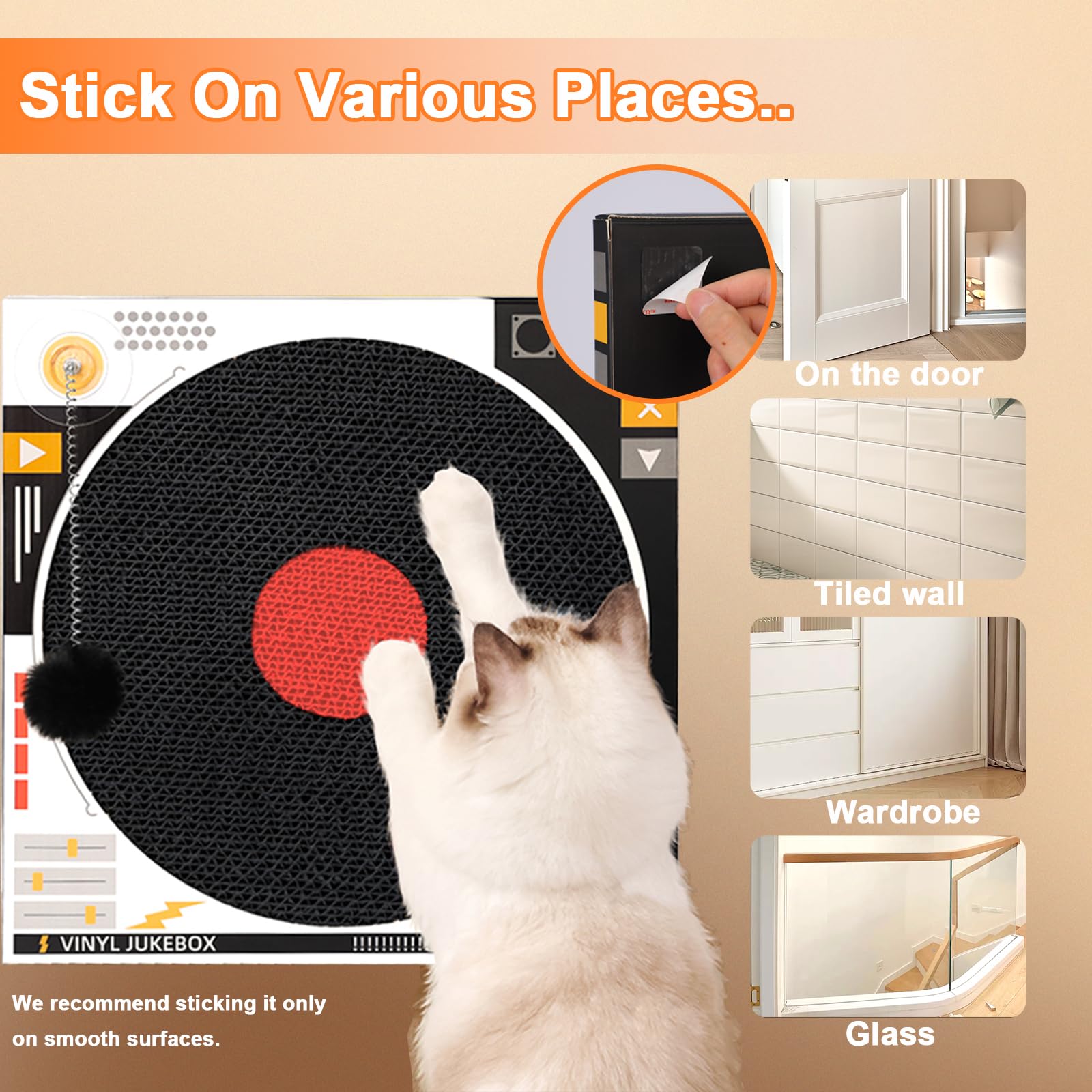 Cat Scratcher, Vinyl Record Player Design, 3-in-1 Multi-Functional Cat Scratching Board with Spring Ball & Chew Rope, Durable Cat Scratch Pad for Scratching, Resting & Play, Perfect for Indoor Cats