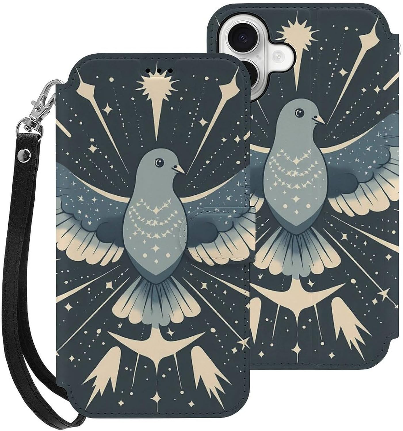 Pigeon Compatible with iPhone 16/16 Plus/16 Pro/16 Pro Max/16 E Case Phone Wallet Card Holder Flip Cover with Wrist Strap