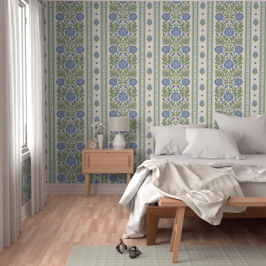 Spoonflower Peel & Stick Wallpaper 12ft x 2ft - Indian Floral Blue Flowers Green Botanical Traditional Large Scale Stamped Stripes Custom Removable Wallpaper