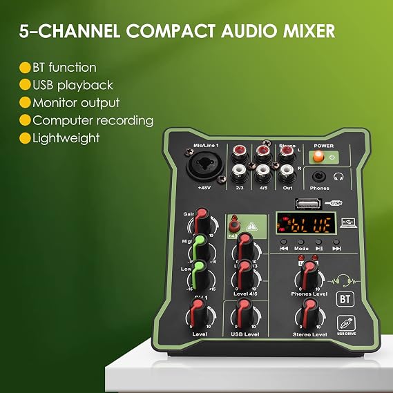 tuner,5-Channel Compact Audio Mixer Sound Mixing Console 48V Phantom Power USB Audio Interface LED Display Built-in Reverb Effect BT Function for DJ Recording Live Broadcast Karaoke,5-channel m