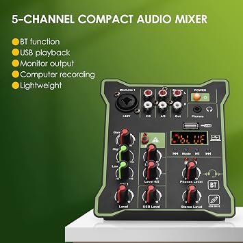 tuner,5-Channel Compact Audio Mixer Sound Mixing Console 48V Phantom Power USB Audio Interface LED Display Built-in Reverb Effect BT Function for DJ Recording Live Broadcast Karaoke,5-channel m