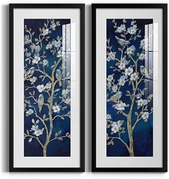 Renditions Gallery Nature Canvas Wall Art Paintings & Prints Gold Stem Indigo Spring Botanical Modern Canvas Decor for Bedroom Dining Living Room Office Home Kitchen Wall Hanging Pictures - 12"x28"
