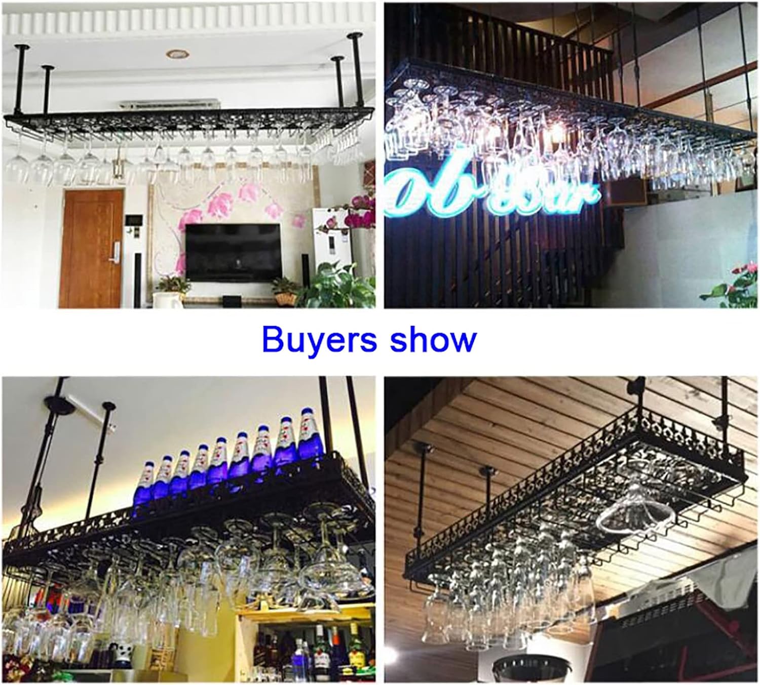 Hanging Wine Glass Holder Metal Wine Rack - Retro Hanging Wine Glass Rack Ceiling Decoration Floating Shelf with Adjustable Rods,Black Stemware Holder,for Bars Restaurants Kitchens