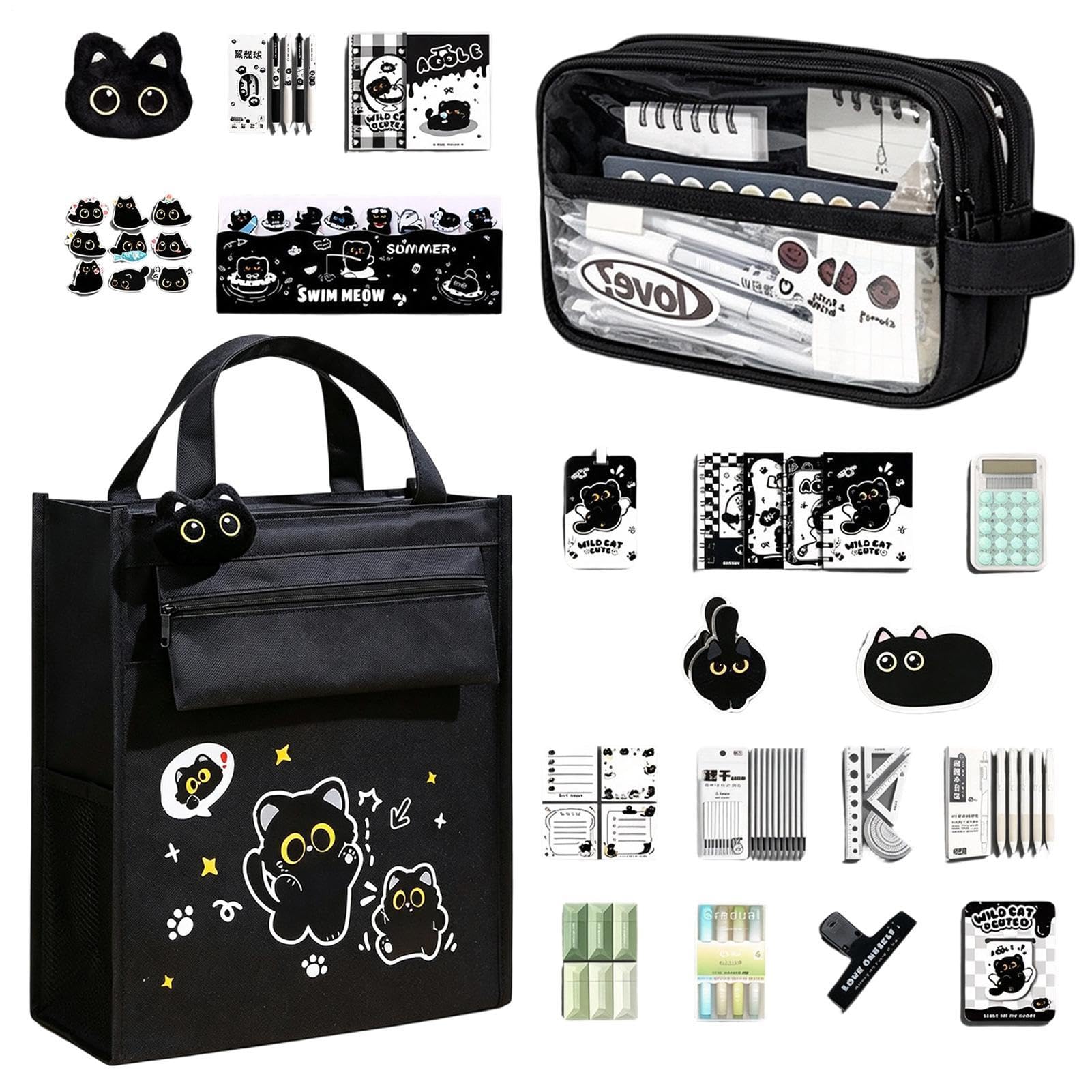 Set Di Cancelleria Kawaii Kit Organizer Studente Gatto Nero Cartoon | Set Di Astucci Per Bambini Bambine Ragazzi Ragazze Adolescenti Insegnanti Donne Casa Aula Dormitorio College Biblioteca