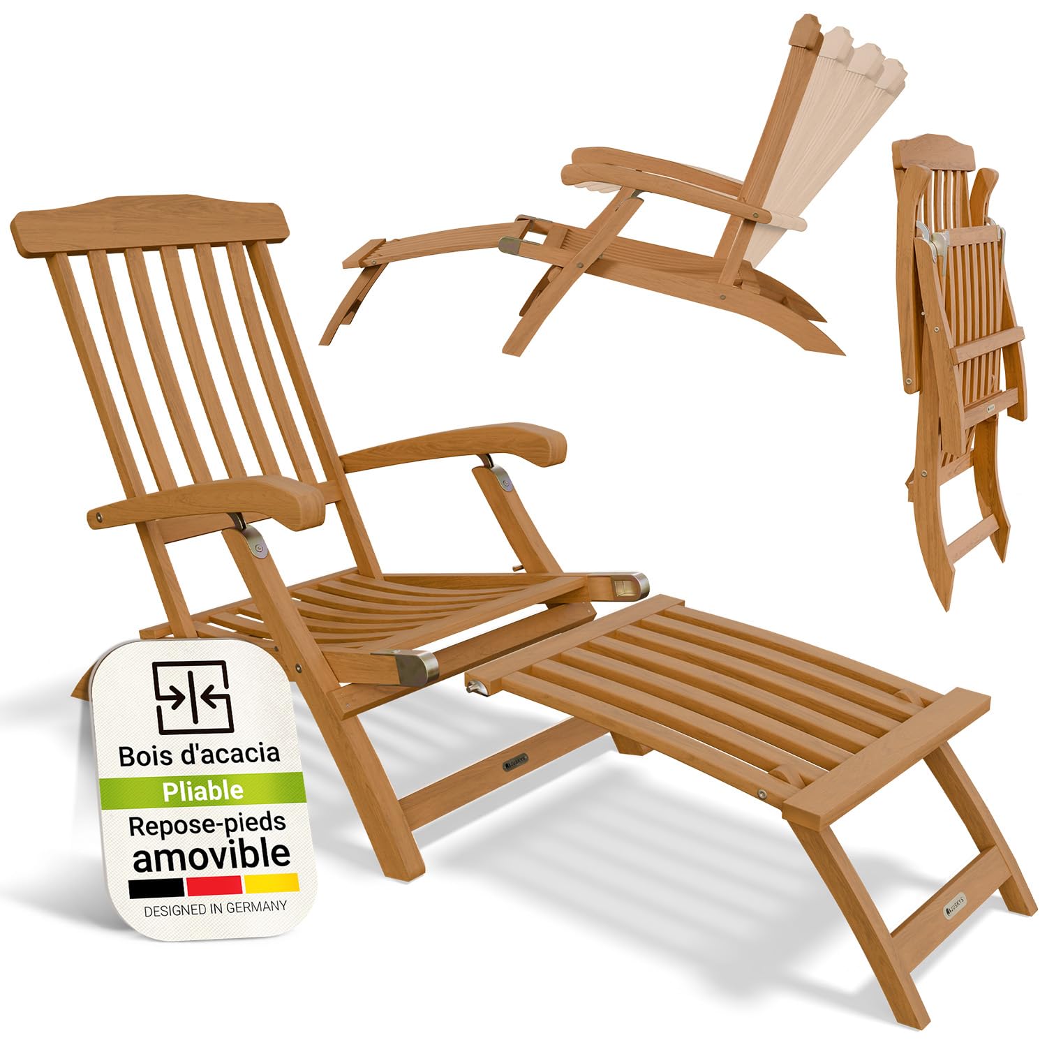 Juskys® Chaise Longue Evia - Pliable pour Le Jardin et la terrasse, en Bois d'acacia huilé pour Un Aspect Naturel et Une Longue durée de Vie, 196 x 54 x 95 cm, Couleur Naturelle