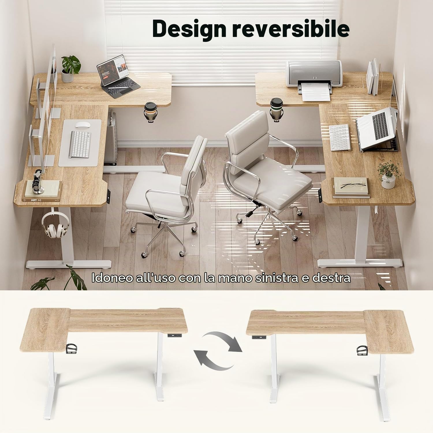 Acrolix Scrivania angolare regolabile in altezza, forma L, 130 x 80 cm, altezza elettrica, regolabile in altezza, ergonomica, L con portabevande e ganci, stabile tavolo da ufficio, marrone chiaro