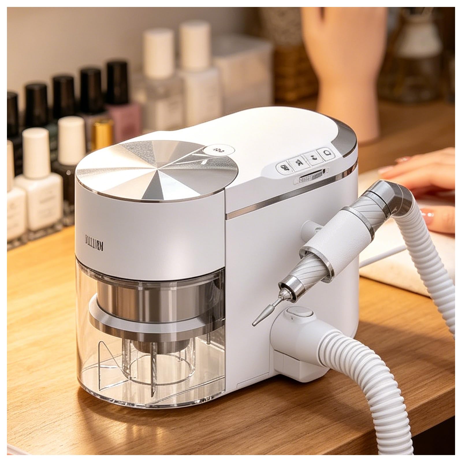 ZHENYUWANG This nail file/vacuum cleaner is a 2-in-1 appliance. It functions as an electric nail file and polisher, and also has a vacuuming function with a speed of up to 30,000 rpm.