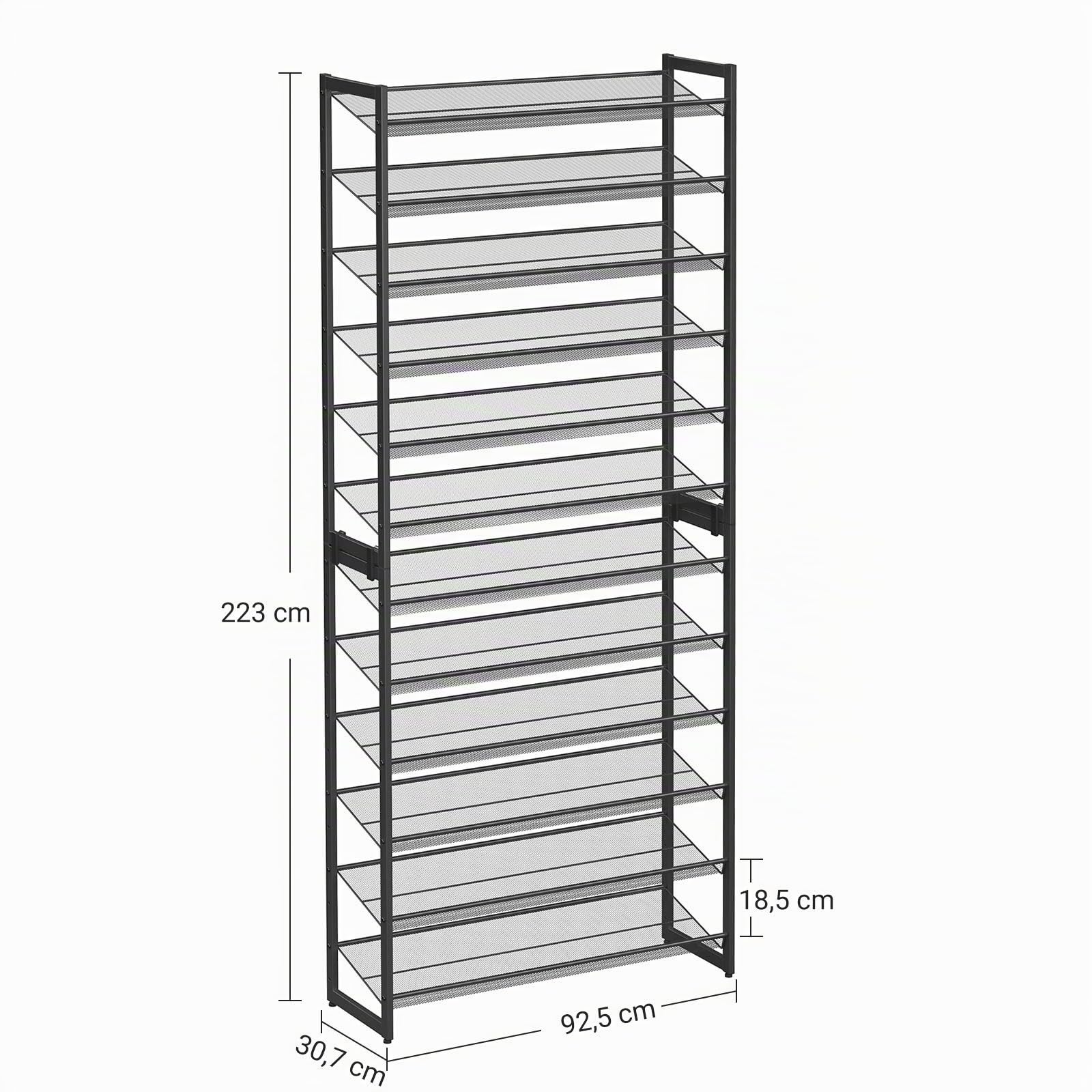 SONGMICS Set di 2 Scarpiere Impilabili a 6 Livelli, Scaffale Portascarpe a 12 Ripiani, Organizzatore per 48-60 Paia di Scarpe, Ripiani a Rete in Metallo, Regolabili in Piano o ad Angolo, Nero LMR12B