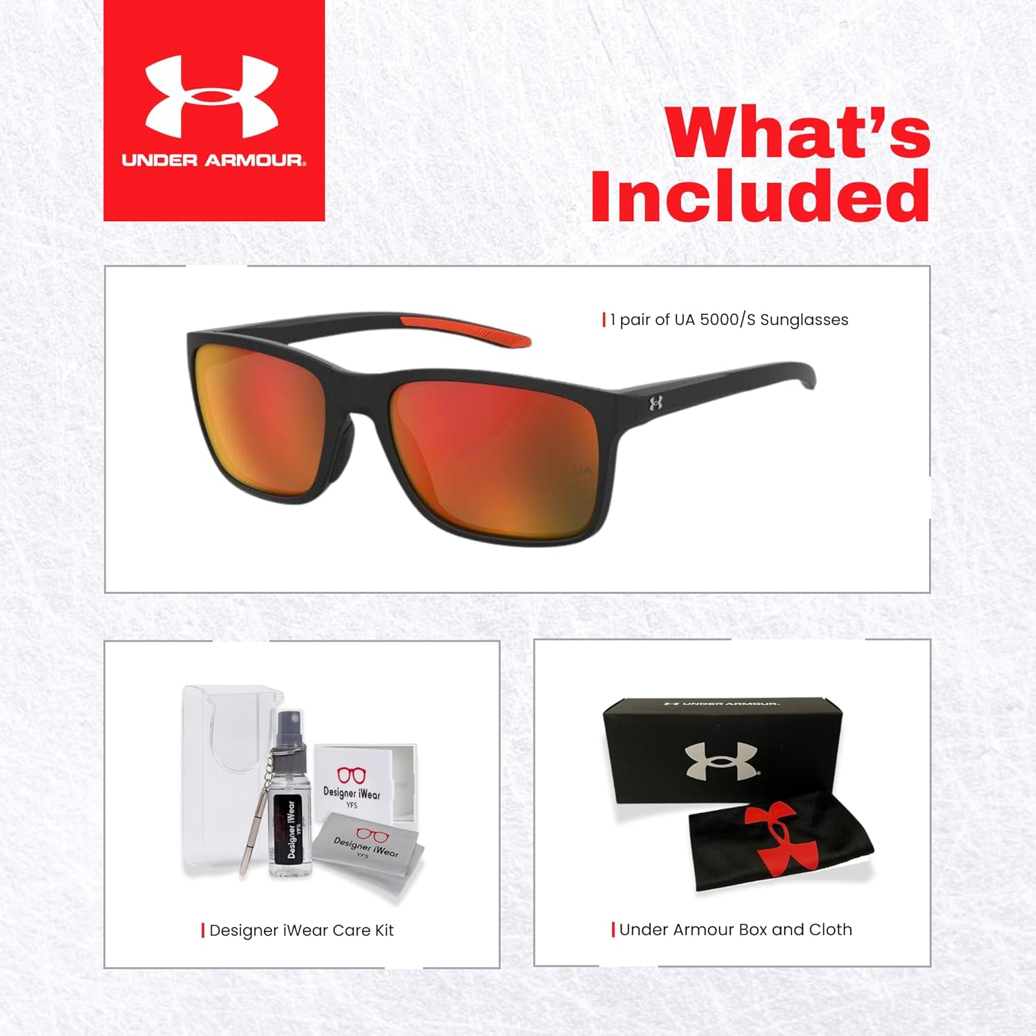 Under Armour UA0005/S Hustle 0RC2/UZ 58MM Black Orange/Red Multilayer Rectangular Sunglasses for Men +BUNDLE with ACCESSORY EYEWEAR KIT - Image 2