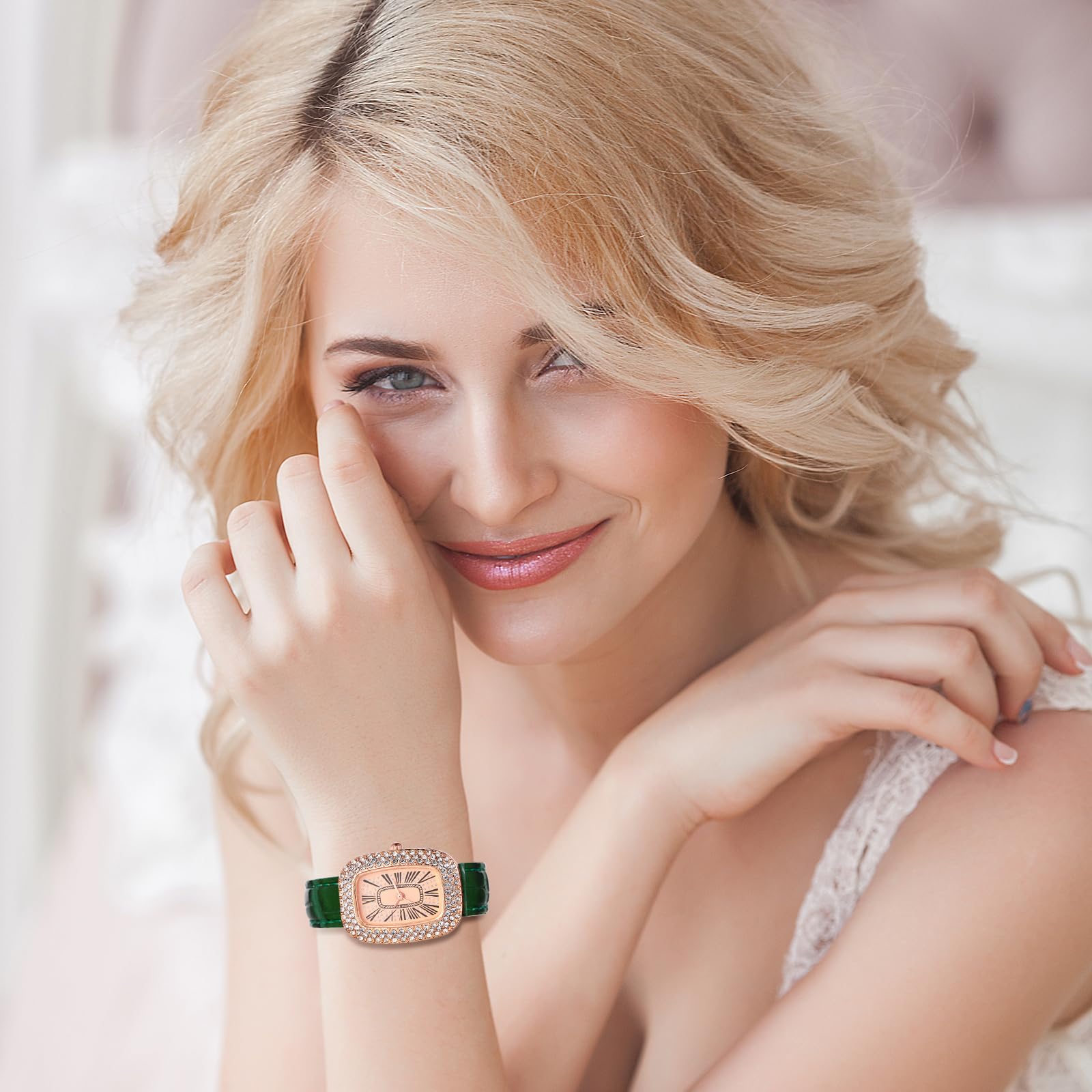 JewelryWe Zegarki damskie skórzane prostokątne – elegancki błyszczący stras, analogowy zegarek kwarcowy na rękę, zegarek na rękę, swobodny zegarek z prostokątnymi cyframi rzymskimi i skórzanym paskiem