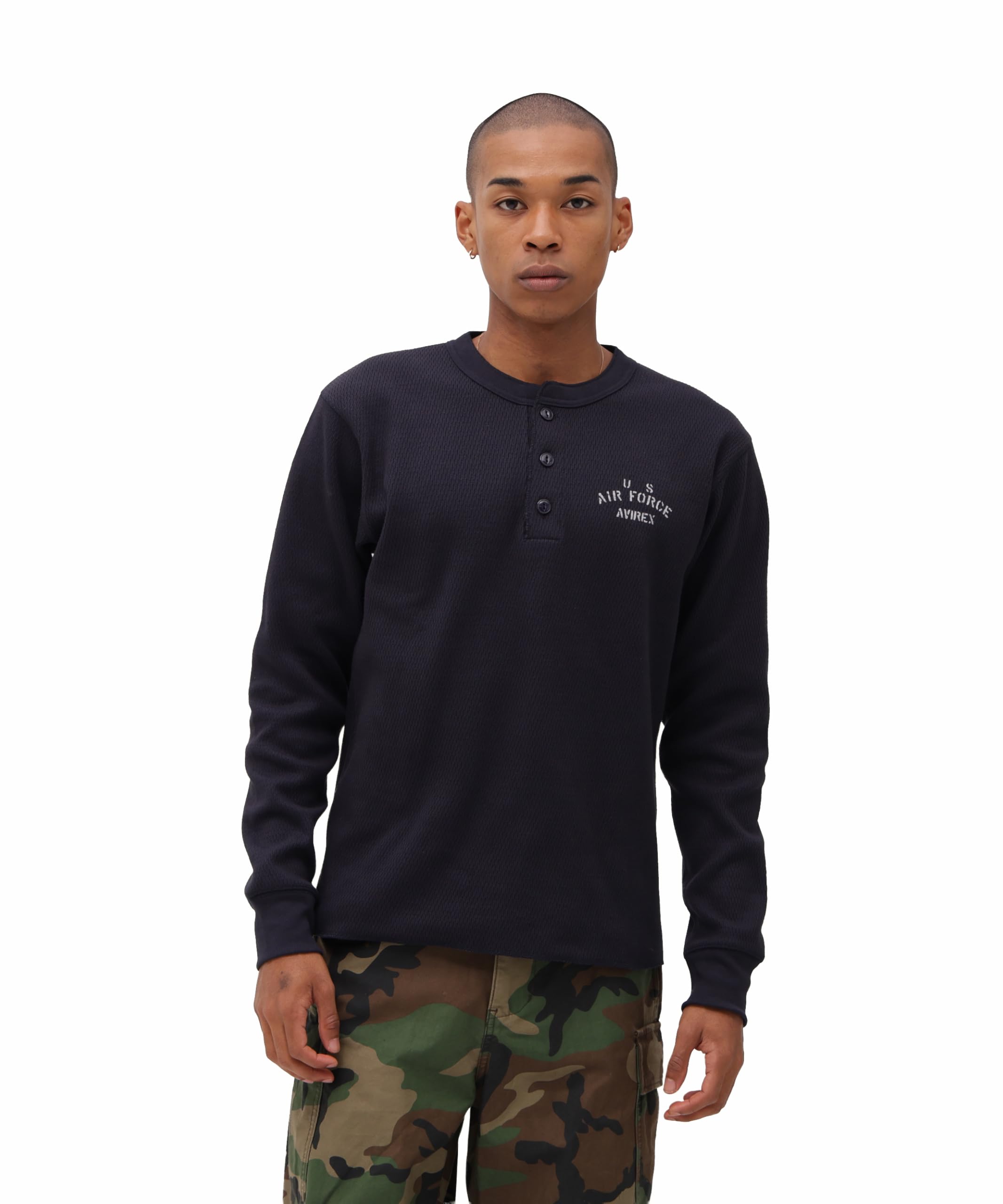 Amazon.co.jp: Avirex HONEYCOMB Henry Neck L/S T-Shirt, Men